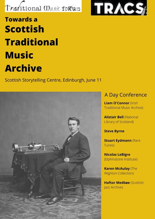 A yellow poster with an archive black and white photograph of a music collector with an early sound recording device. 