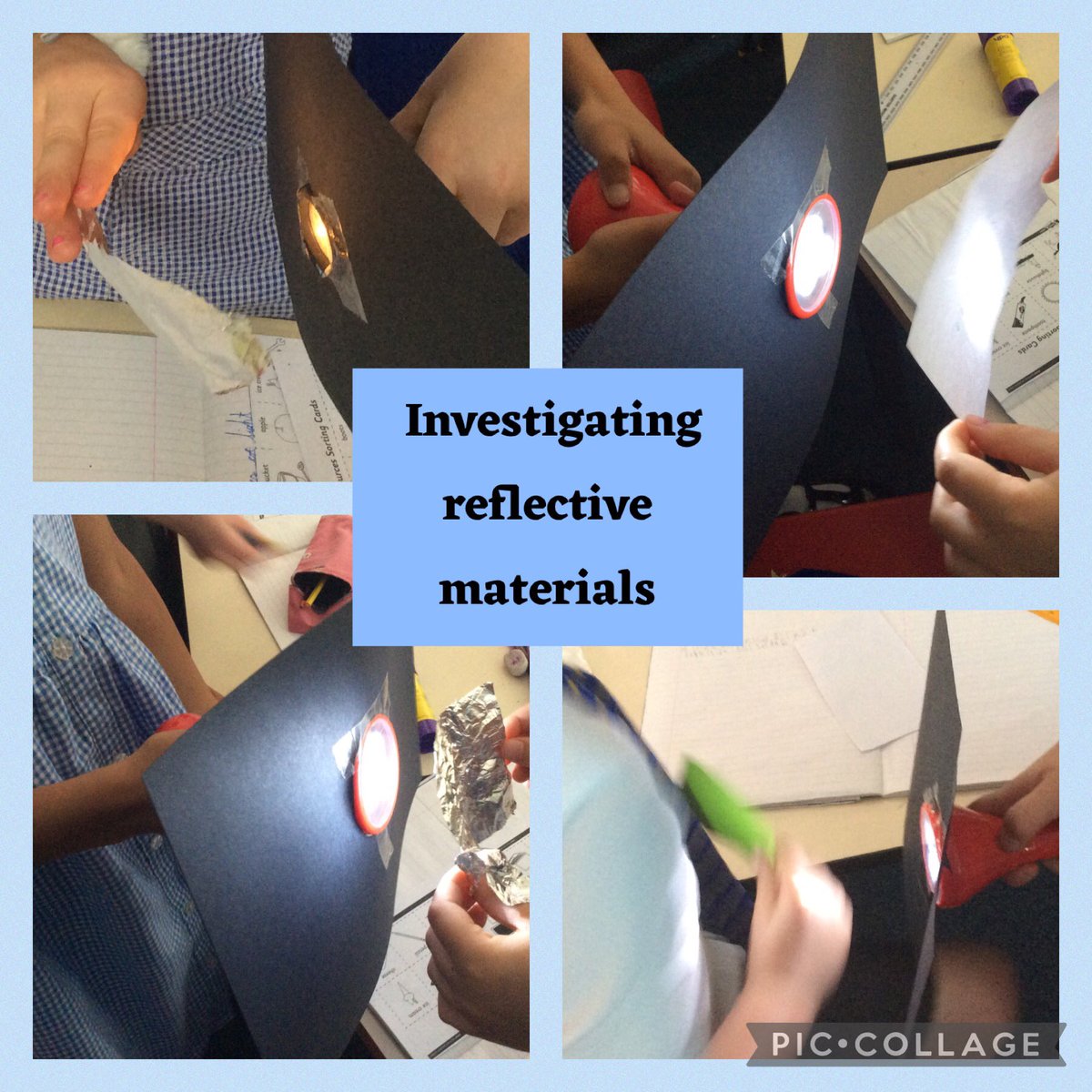 Investigating reflective materials. Which material would be the best to use to create a reflective patch on a book bag? We tested five different materials to see if the torch light was reflected back onto the card around the torch. @MrsLancsStMarys @NFollinStMarys @MrsWilliamsSM