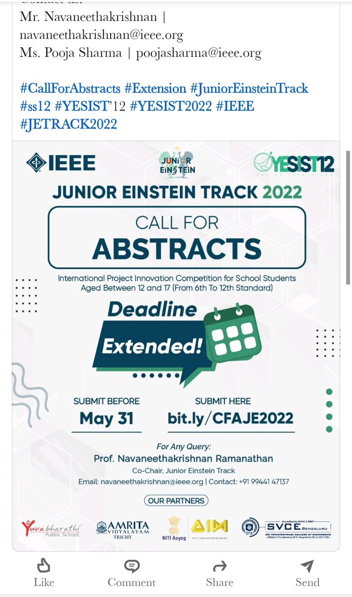 nithyat20's tweet photo. Do utilize this ecstatic opportunity by registering through https://t.co/0bs0K4ATOj
apply and submit your abstracts on or before 31st May 2022.
#CallForAbstracts #Extension #JuniorEinsteinTrack #ss12 #YESIST’12 #YESIST2022 #IEEE #JETRACK2022 https://t.co/3yrOYFJRPg