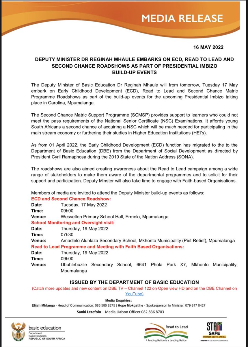 ReginahMhaule's tweet photo. Media Alert: Join the @DBE_SA as we engage communities in the build-up to the #PresidentialImbizo #Mpumalanga #PostSONA @GCISMpumalanga https://t.co/7zCGASElYo