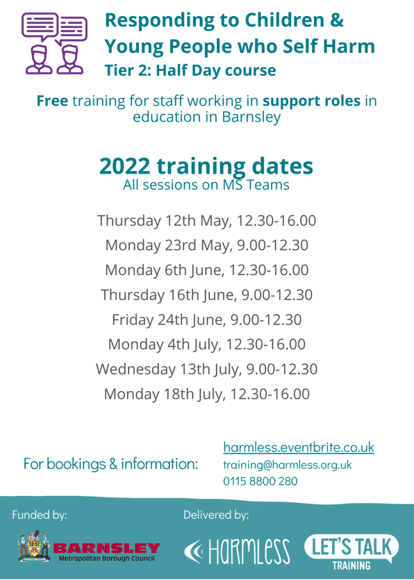 Phil_ainsworth's tweet photo. CALL OUT TO ALL BARNSEY SCHOOLS! FREE Responding to Children &amp; Young People Who Self Harm Training. Visit https://t.co/83pP244MSz to book direct or email training@harmless.org.uk @BarnsleySCP @LaurenN03364033 @HarmlessUK @HWatchBarnsley @nhsbarnsleyccg #alrightpal? https://t.co/wK3Y9WeIjm