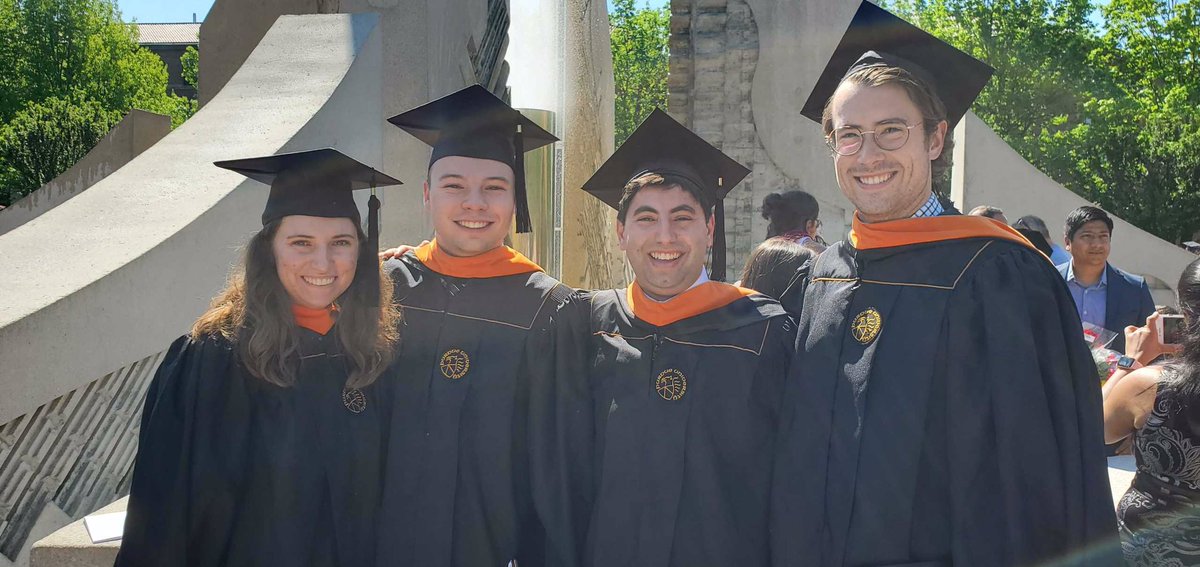 SlabaughGroup's tweet photo. Congratulations to Deborah, Ryan, Tristan, and Tim!  They earned their MS degrees in AAE and walked at commencement this morning.  Deb is off to Northrop Grumman and Tim is headed to SpaceX.  Ryan and Tristan are continuing in our group for their PhDs. We’re proud of you all! https://t.co/0QgTaYK4ZH