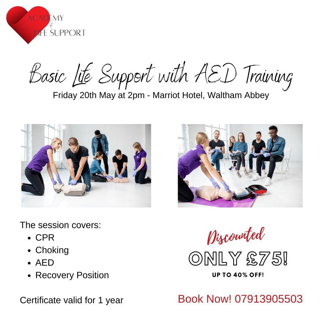 Academy Of Life Support (@academylifesupp) on Twitter photo Basic Life support with AED training this Friday at 2pm <a href="/WalthamMarriott/">WalthamAbbeyMarriott</a>. £75pp - Book now: 07913905503. <a href="/ResusCouncilUK/">Resuscitation Council UK</a> <a href="/_ALSG_/">ALSG</a>
#CPR #nhs #LifeSupport #defib #education #Training Basic Life support with AED training this Friday at 2pm <a href="/WalthamMarriott/">WalthamAbbeyMarriott</a>. £75pp - Book now: 07913905503. <a href="/ResusCouncilUK/">Resuscitation Council UK</a> <a href="/_ALSG_/">ALSG</a>
#CPR #nhs #LifeSupport #defib #education #Training