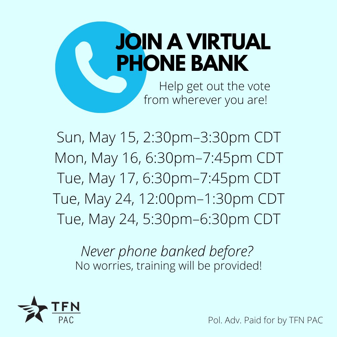 Help us get out the vote for @ventonjones this week! Never phone banked before? No worries, training will be provided! mobilize.us/tfn/event/4599… 🌟 (Pol. Ad. Paid for by TFN PAC)