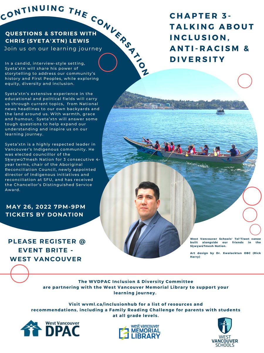 Join us for a talk on Inclusion, Anti-Racism &amp; Diversity!

Stories &amp; Questions with Chris Lewis (Syeta'xtn)

📆 | May 26
🕐 | 7:00pm - 9:00pm
🎟️ | By Donation

Register here 👇

bit.ly/3wrFvTz

#westvaned