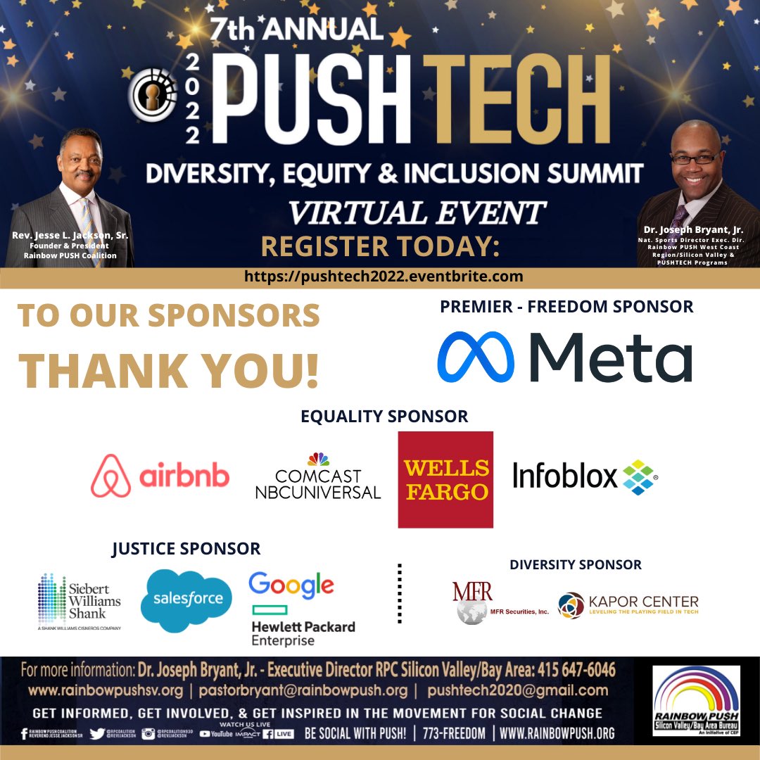 rpcpushtech's tweet photo. We would like to sincerely thank all of our sponsors for our 7th Annual PUSH TECH Summit! @wellsfargo @meta @infoblox @comcast @airbnb @salesforce @google @hpe @kaporcenter #shieburtwilliamsshank #rpcpushtech #rpcpushtech2022 #pushtech2022 #pushtech #technology #tech https://t.co/f5bEOnJjh2