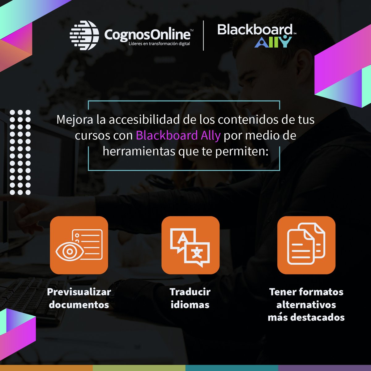 CognosOnLine's tweet image. Blackboard Ally es el punto de partida para una educación más accesible. 🚀
Esta herramienta se integra a tu LMS para que puedas generar contenidos cada vez más fáciles de usar.

¡Habla con nosotros! 👇
cognosonline.com/co/contactanos/

#BlackboardAlly #LetsAdvanceLearning #EdTech