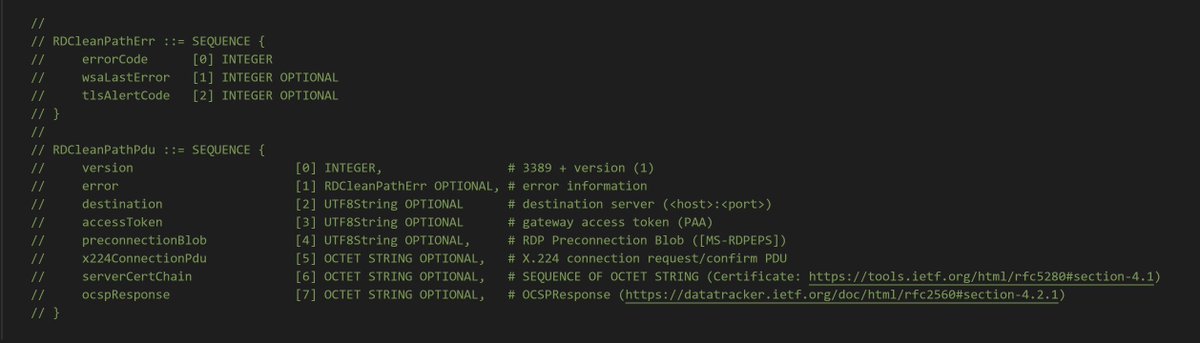 RDP CleanPath will be the name of my new revamped connection sequence! I'm still finalizing the design of the data structure, so make yourself know if you're interested in using it. We'll make it work in mstsc, FreeRDP and IronRDP, and free ourselves from the chains of CredSSP ⛓️
