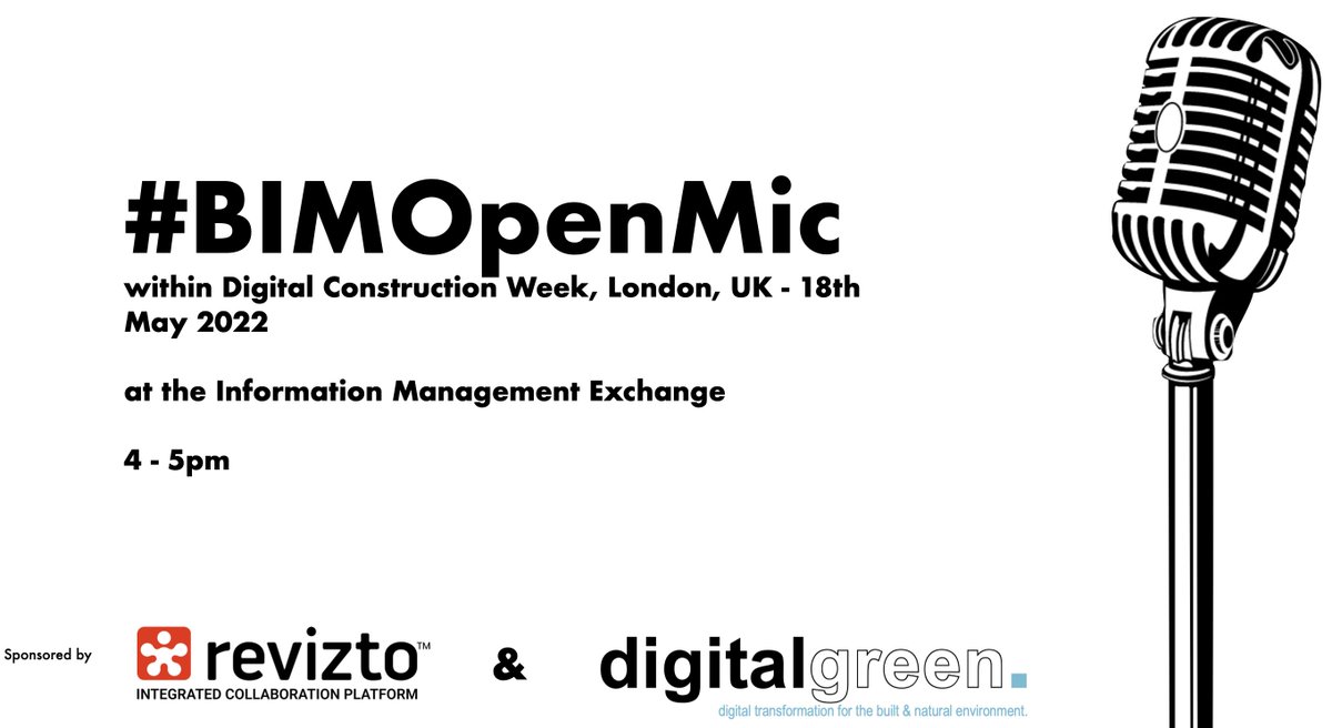 BIMOpenMic's tweet photo. 🎙 We’re back &amp; live in person!

If you’re at @DigiConWeek, join us on Day1 at 4pm at the Information Management Exchange for informal #BIM chats. 

Sponsored by @revizto and @DigitalGreen_io, have a beer, grab the mic &amp; take to the stage - or just listen!

It’s good to be back! https://t.co/eTrYFMw6nd