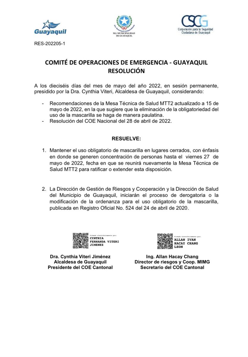 CynthiaViteri6's tweet photo. SE MANTIENE EL USO OBLIGATORIO DE MASCARILLA EN LA CIUDAD

Hasta el 27 de mayo, se mantiene la obligatoriedad del uso de mascarilla en Guayaquil. La Mesa Técnica de Salud monitorea a diario el avance del Covid-19. ¡Todos nos cuidamos! https://t.co/UzilwJ79fv