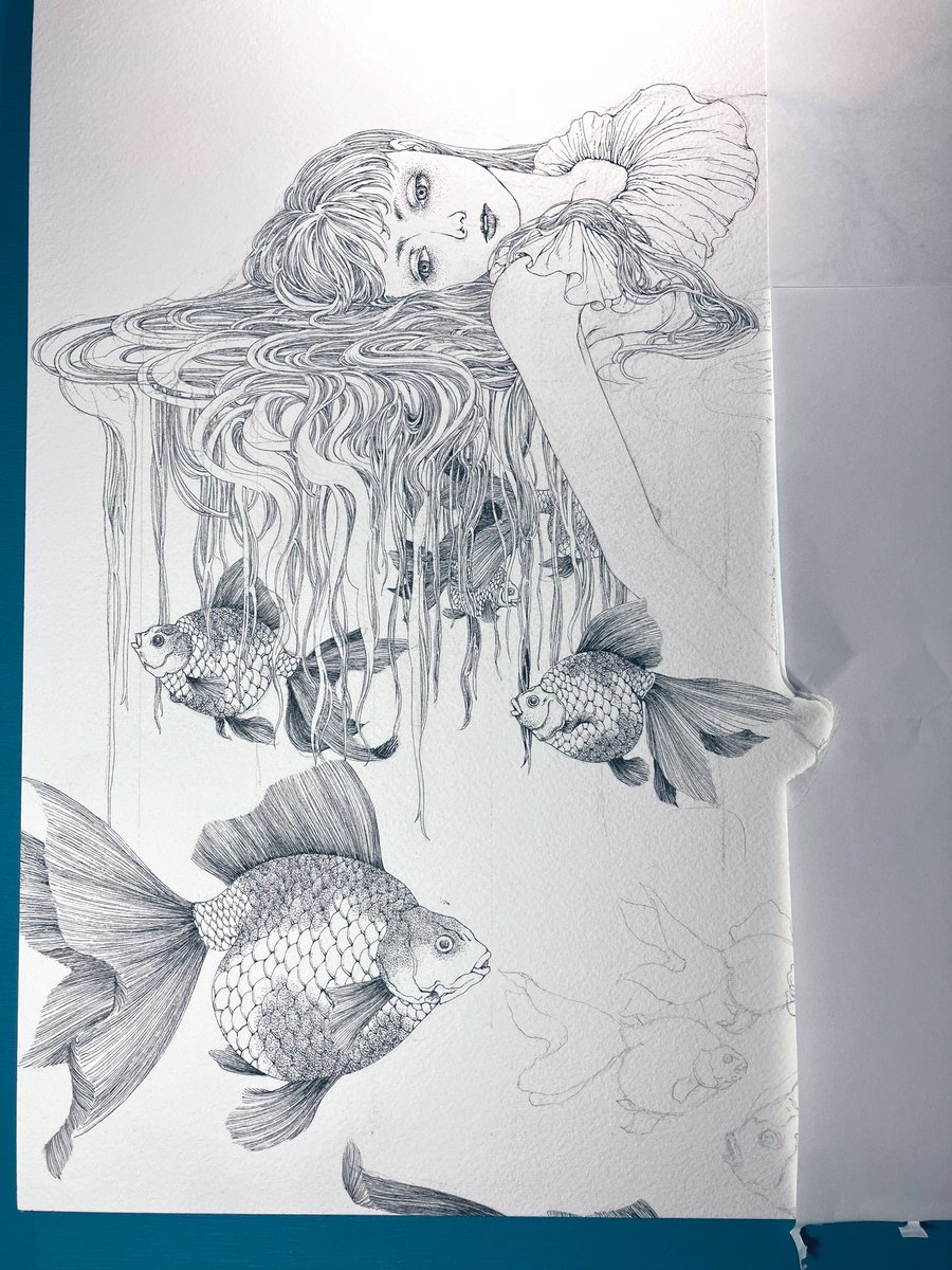 今日の進捗と気付いたらいつも定位置にいる猫です。
#ペン画 #丸ペン #絵 #制作過程 #art #illustration #drawing #penandink #wip