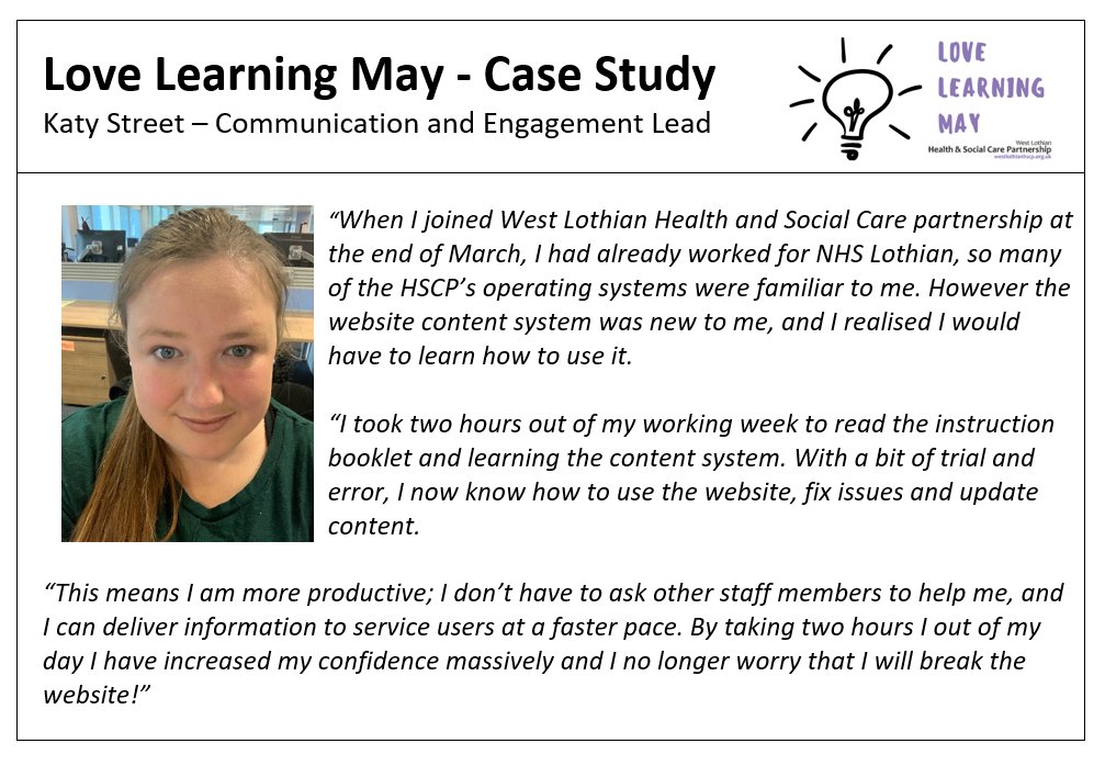 WestLothianHSCP's tweet photo. When you’re busy, it’s difficult to make time for learning, however by doing so you can make your job easier. 

We spoke to our Communication and Engagement Lead Katy Street about the benefits of taking time out to learn. Find out more https://t.co/Z1C96jdrdH

#LoveLearningMay https://t.co/YLVDHgsNmF