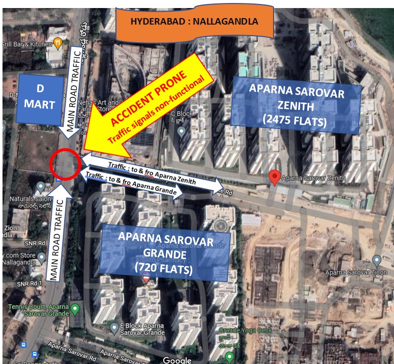 a_dureha's tweet photo. @HYDTP @CommissionrGHMC @CYBTRAFFIC
This crossing caters to two way main road traffic, D Mart crowd, road to Aparna Zenith (2475 flats) &amp; Aparna Grande (720 flats). Signal is non-functional. Just waiting for a big mishap to happen. Authorities may pl wake up. https://t.co/u5NNVVGJct