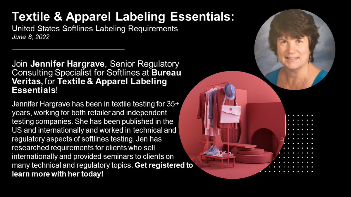 AATCC's tweet image. Meet the speaker!  Jennifer Hargrave is a Senior Regulatory Consulting Specialist for Softlines at Bureau Veritas. Jennifer has been in textile testing for 35+ years, working for both retailer and independent testing companies.
