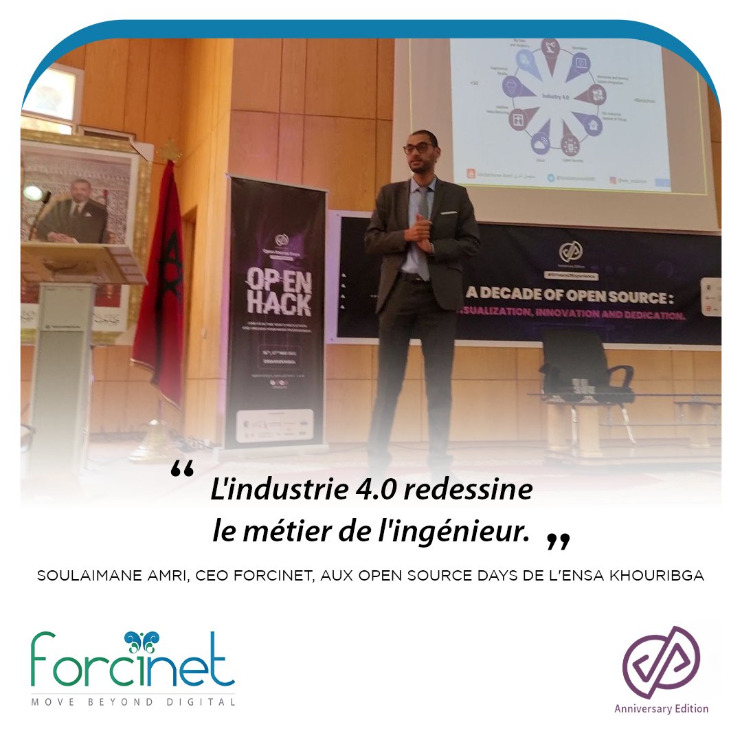 Forcinet's tweet photo. 📍 "L'#Industrie4.0 redessine le métier de l'#Ingénieur." - @SoulaimaneAMRI, Digital Transformation Advisor aux  Open Source Days.
📣  Conférence : "L'Ingénieur à l'ère de la Transformation Digitale" à l'#ENSA Khouribga.

#MeetForcinet #OpenSourceDays #KeynoteSpeakerSoulaimane https://t.co/U8Do2djAu2