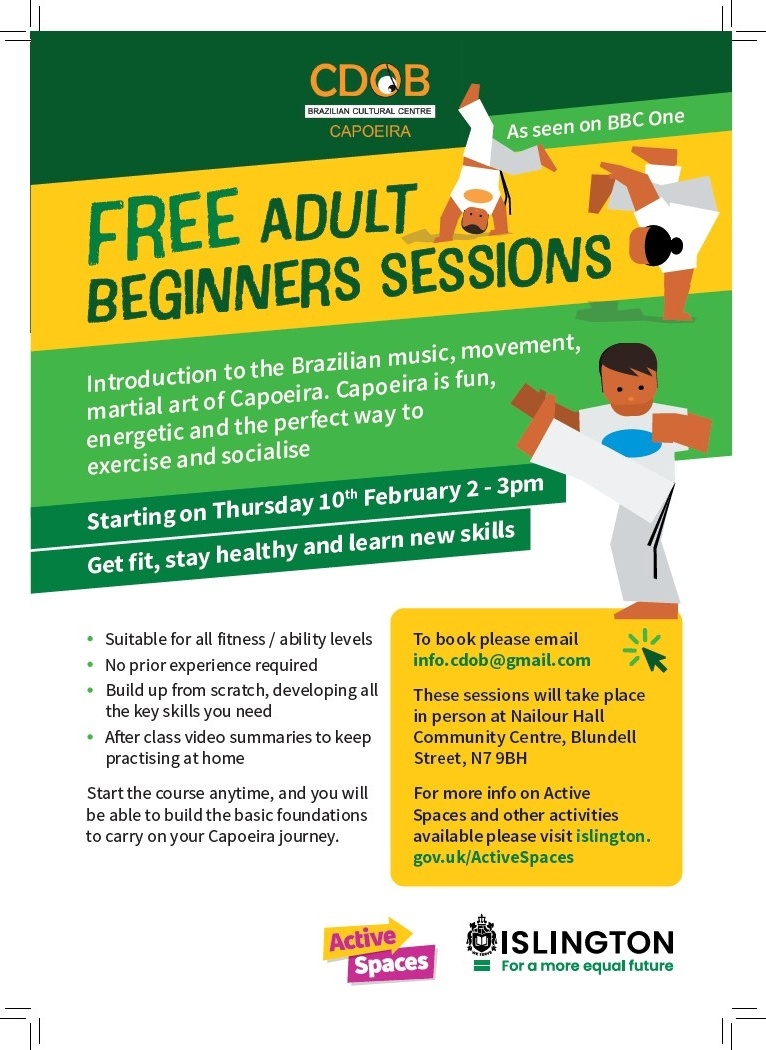 IsBrightFutures's tweet photo. Beginners Capoeira classes with CDOB 🕺 

Learn Capoeira, a Brazilian music, movement and martial art as seen on BBC, at Nailour Hall, N7 9BH

The sessions run on Thursdays from 2pm-3pm. Email info.cdob@gmail.com to book a place
#Islington #ActiveSpaces https://t.co/sH0PJIatPy