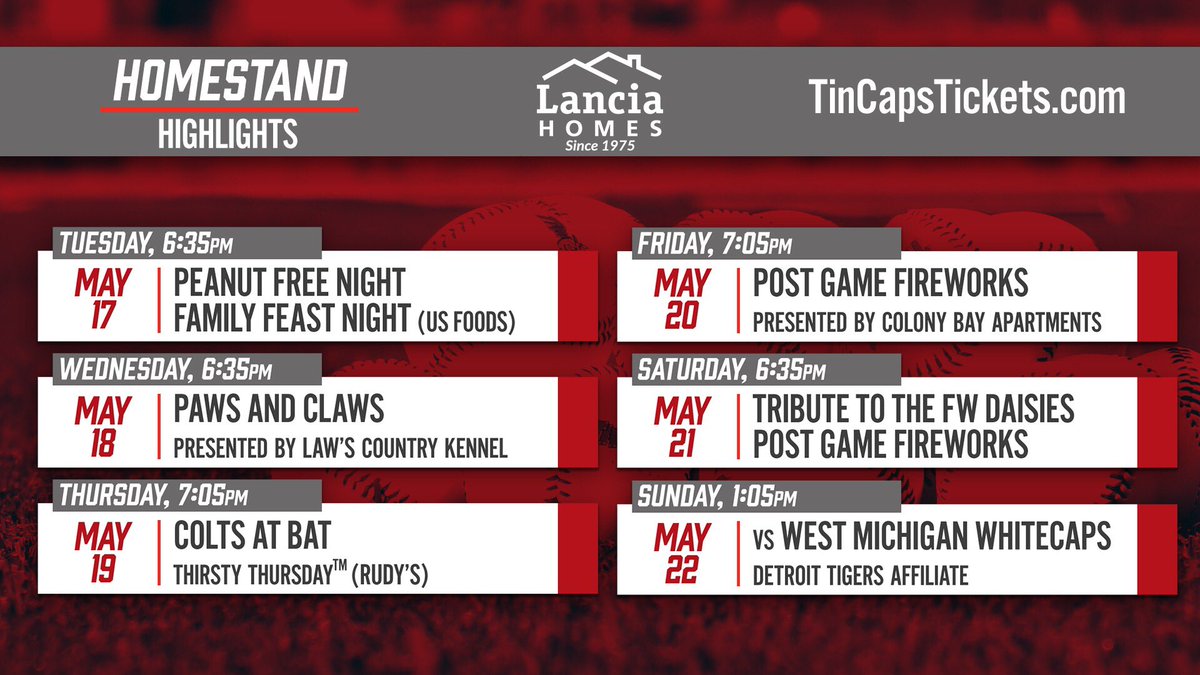 Fort Wayne TinCaps (@tincaps) on Twitter photo Who's coming to <a href="/ParkviewField/">Parkview Field</a> this week? If not, here's what you're missing out on! 🍎⚾️
🏡 Homestand Highlights: milb.com/fort-wayne/new… Who's coming to <a href="/ParkviewField/">Parkview Field</a> this week? If not, here's what you're missing out on! 🍎⚾️
🏡 Homestand Highlights: milb.com/fort-wayne/new…