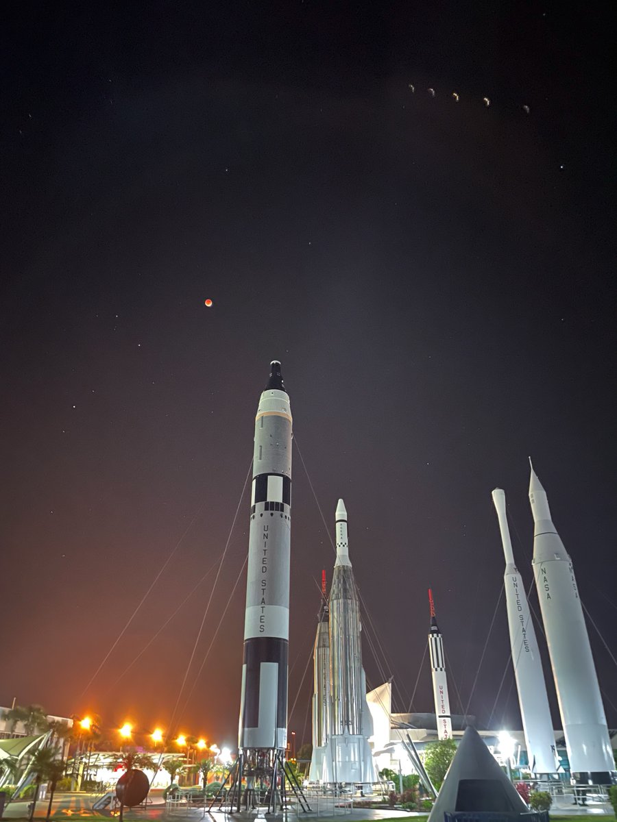 ExploreSpaceKSC's tweet photo. Did you #LookUp to watch the Lunar Eclipse last night? We had a great view of it in the Rocket Garden! 🚀🌑 Tweet your Lunar Eclipse photos with #LookUp for a chance to be featured on our Social Media channels! https://t.co/QkYv55FRpd