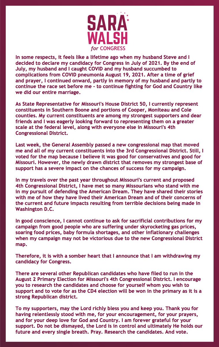 SaraForMissouri's tweet photo. CAMPAIGN UPDATE: Dear Friends, it is with a somber heart that I announce that I am withdrawing my candidacy for Congress…. https://t.co/xD88Sn4ee5