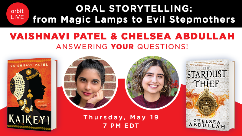 orbitbooks's tweet photo. Don't miss this #OrbitLIVE event this week!
Join debut authors @VaishnaWrites and @chelsabdullah on Thursday May 19th for a discussion about their books and oral storytelling! Register here: https://t.co/y4h3fDupdr https://t.co/ibcUgK1YAJ