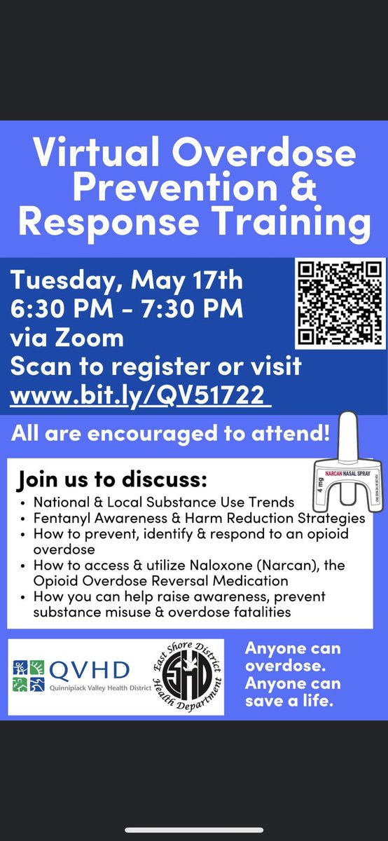 qvhd's tweet photo. There’s still time to register! Join us virtually tomorrow, 5/17 at 6:30PM for our overdose prevention and response training. Register by visiting: https://t.co/X3C6NADEBX #anyonecanoverdose #anyonecansavealife #overdoseispreventable #narcan https://t.co/QBYyGECCDC