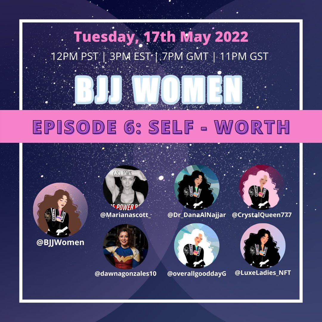 Set your reminder for this week’s #BJJ WOMEN space 🌟 we’re talking about owning your success and validating your belief in self-worth 💜💪🏻

Set REMINDER here ⏰➡️ x.com/i/spaces/1dRKZ…

#FitnessMotivation #MMATwitter #NFTCommunity #NFTProject