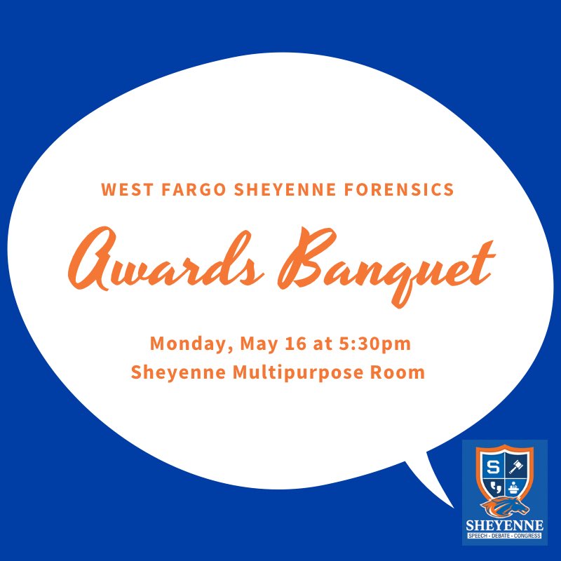 Join <a href="/SHS_Congress/">Sheyenne Student Congress</a> <a href="/sheyennedebate/">Sheyenne Debate</a> and <a href="/SHS_SpeechTeam/">Sheyenne Speech</a> as we celebrate all the amazing students from <a href="/LMSgr8ness/">LMSgr8ness</a> and <a href="/wfsheyenne/">Sheyenne High School</a> who made this year memorable! Students should arrive in competition attire and bring a 📦 to take home awards!