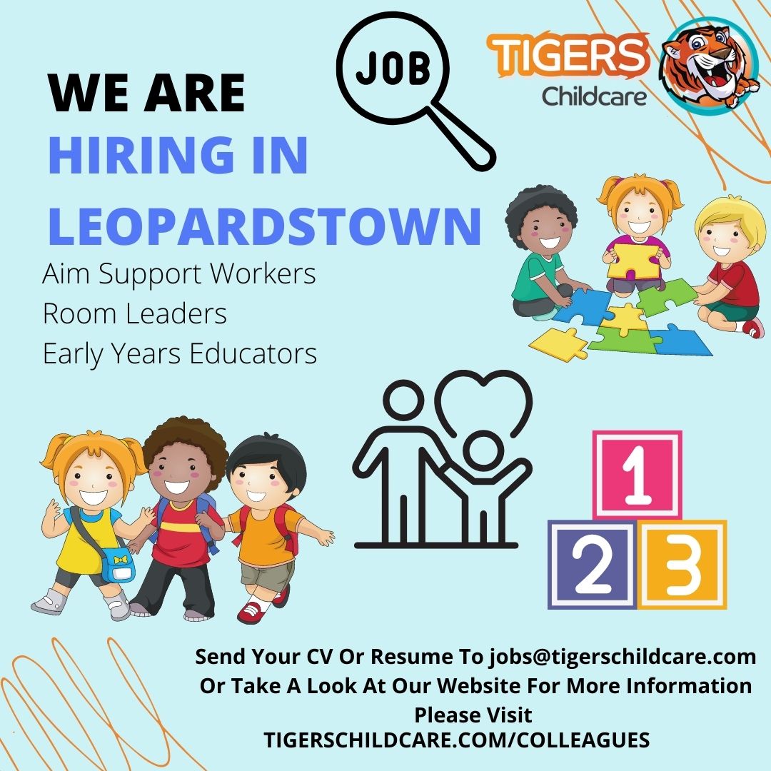 TigerTimeLtd's tweet photo. 📢WE ARE HIRING IN LEOPARDSTOWN📢

We are looking for Aim Support Workers, Room Leaders and Early Years Educators.
If you or if you know anyone interested in these positions send your Cover Letter and CV to jobs@tigerschildcare.com
#jobsdublin #D18jobs  #jobfairy #childcarejobs https://t.co/8ps9zNANic