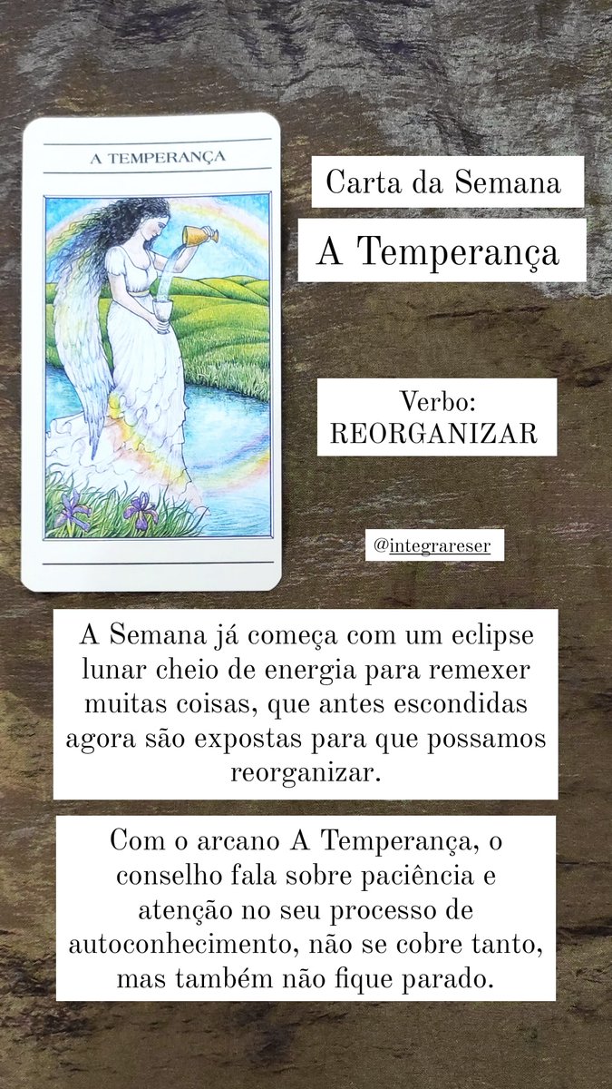 integrareser's tweet photo. Carta da semana: A Temperança

A Semana já começa com um eclipse lunar cheio de energia para remexer muitas coisas, que antes escondidas agora são expostas para que possamos reorganizar.

Conselho completo aqui 👇 https://t.co/mIeBjzwz5e