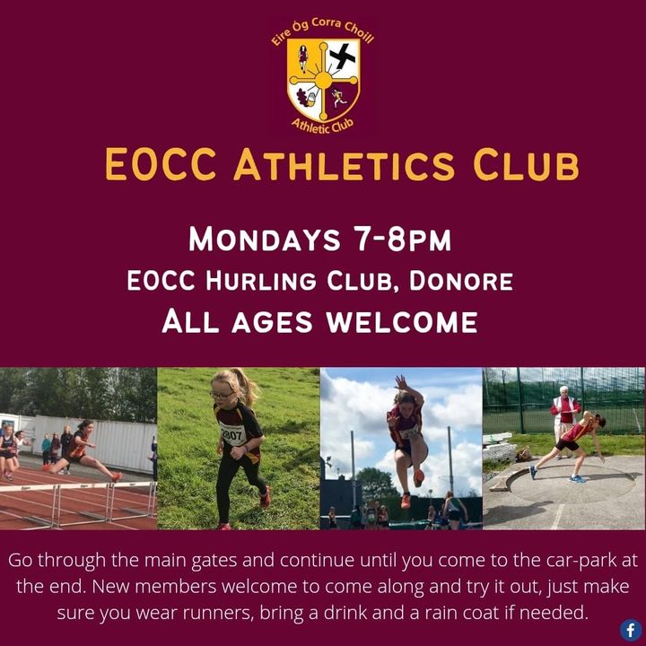This evening and every Monday for all those interested in athletics.

Best of luck to all the athletes and coaches.

Eire Og CorraChoill Athletics