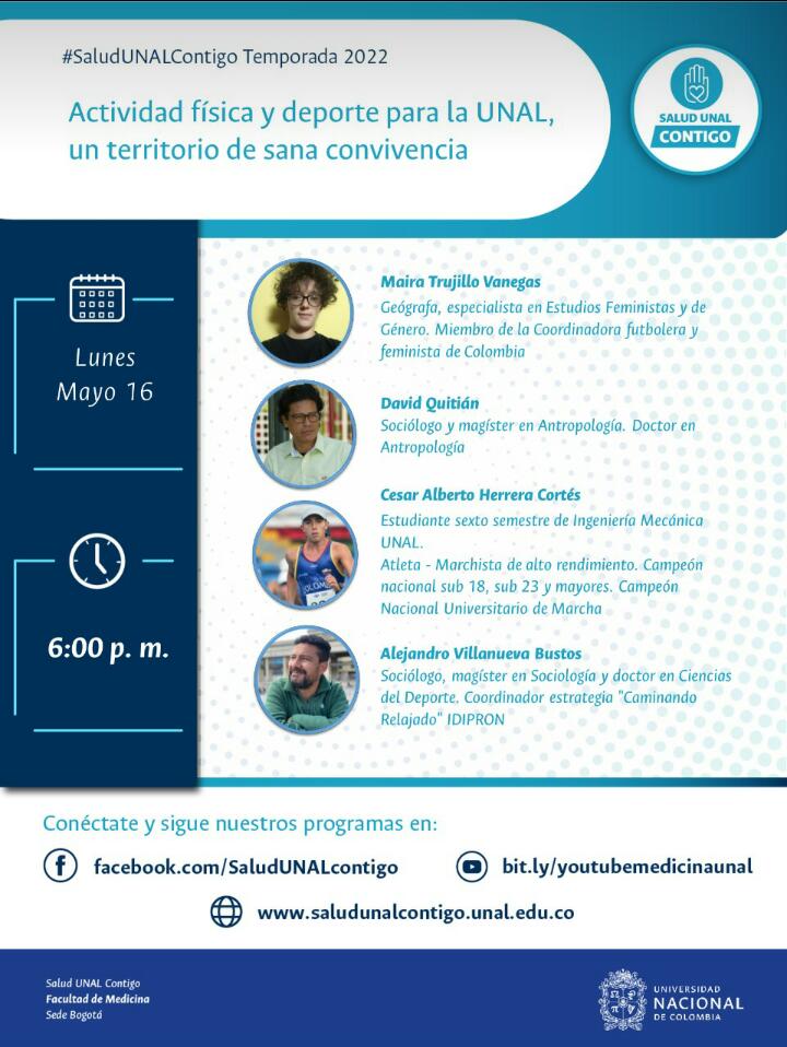 Los invitamos esta tarde a las 6pm para charlar sobre "Actividad física y deporte para la <a href="/UNALOficial/">Universidad Nacional de Colombia</a>, un territorio de sana convivencia". 

Se pueden conectar a:
facebook.com/SaludUNALconti…

¡LOS ESPERAMOS!
