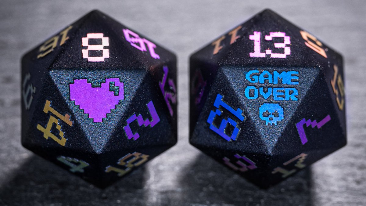 urwizards's tweet photo. Obsidian raised plating dice set with the Pixel Art RPG theme.🎮👾

#dnd #dice #ttrpg #dungeonsanddragons #TTRPGs https://t.co/odAiBkid99