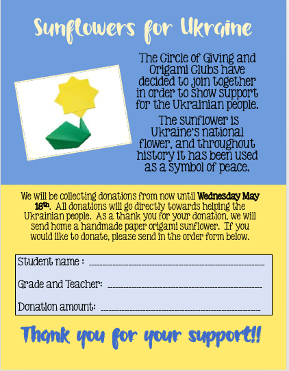 MTL_KucheraGAP's tweet photo. Just a reminder! The Circle of Giving Club is still collecting donations for the Ukraine. All donations will receive a paper origami sunflower handmade by the Origami Club! Thank you for your support! #csinspire #cstogetherisbetter @MTL_ESLCohen https://t.co/GsywsZufj5