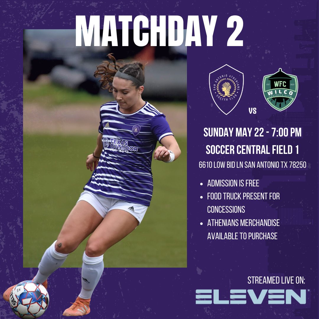 #AthenaFamily, it's finally opening week! 🤩

🛣️: We will be in Dallas on Friday night to start the season <a href="/LuxoriaFc/">Luxoria Fc</a> at 8:00 PM

🏠: Our home opener is at <a href="/SoccerCentralSA/">Soccer Central San Antonio</a> on Sunday at 7:00 against <a href="/WilCoWFC/">Wilco FC</a>, be there to support San Antonio's premier women's soccer club! 💜