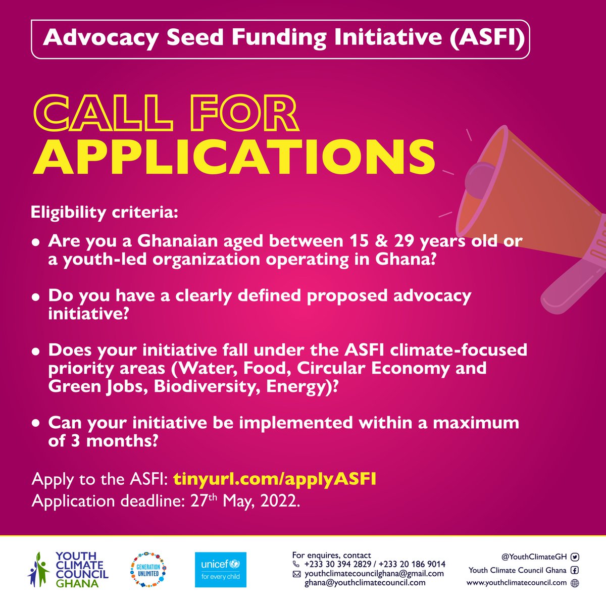 YouthClimateGH's tweet photo. 🚨FUNDING OPPORTUNITY
👉🏾Are you a Ghanaian🇬🇭 aged between 15 &amp; 29years?
👉🏾Are you a youth-led organization?
👉🏾Do you have an advocacy climate-focused 🌍initiative?

This opportunity is for you! 
YCC and @UNICEFGhana are supporting 10 initiatives. 

APPLY: https://t.co/z89zhVpD1D https://t.co/an3PJGXW2K