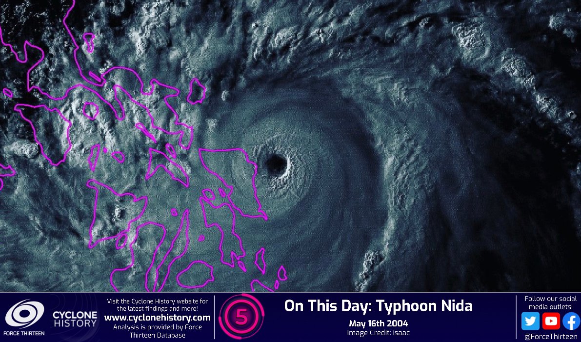 CycloneHistory's tweet photo. #OTD in 2004, #TyphoonNIDA was brushing the eastern #Philippines as a powerful 160 mph Category 5 #typhoon.
Nida proved to be a devastating storm despite not making landfall, killing 31 people and causing $1.5 million in damages. https://t.co/eeqwgwMOUA
