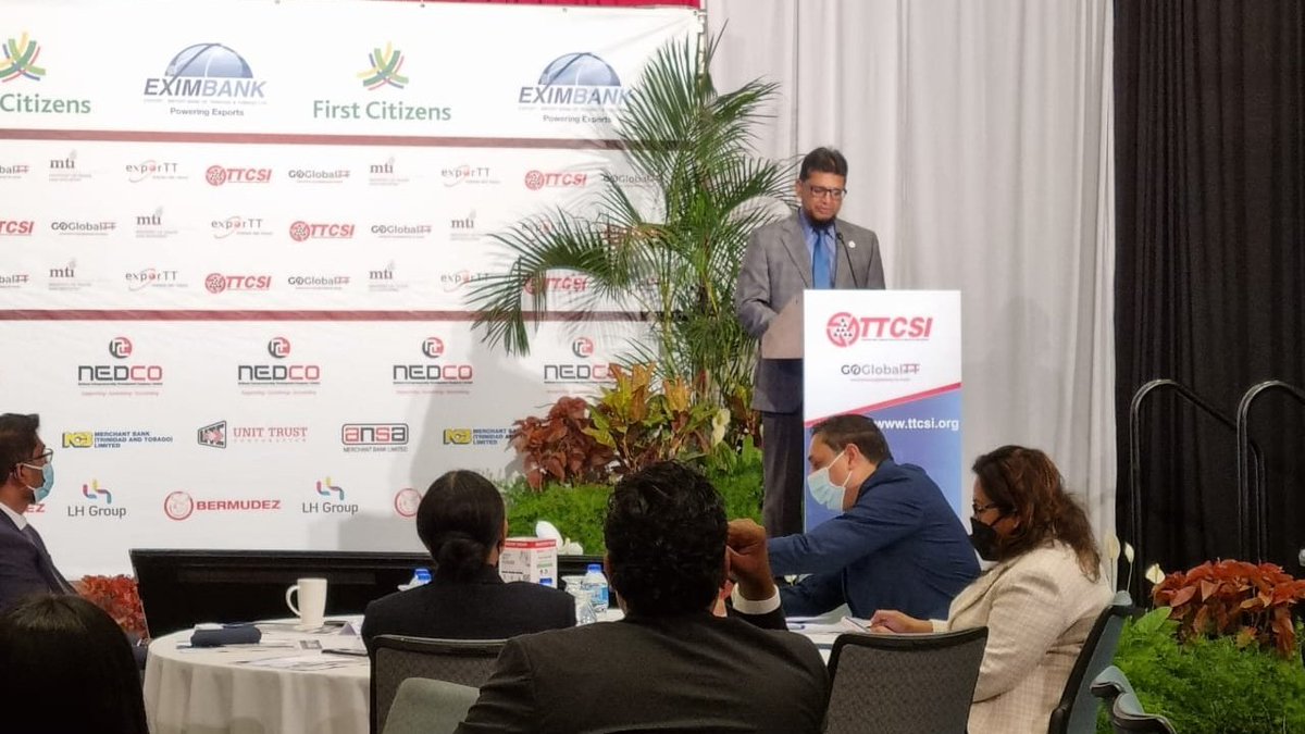 exporTT_Ltd's tweet photo. Our Chairman Mr Ashmeer Mohamed delivers remarks on behalf of exporTT at the @TTCSIORG Gateway to Trade Luncheon. #servicesexport https://t.co/a71xyWRR5e