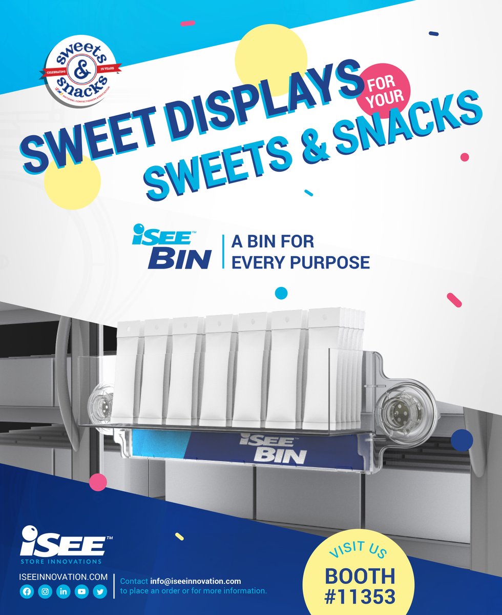 iseeinnovation's tweet photo. T-minus 1 week til the start of the 2022 Sweets &amp; Snacks Expo! Visit the iSEE team at Booth #11353 to preview items like the new iSEE Bin: a sweets display for YOUR sweets &amp; snacks. https://t.co/zejdCUD5ww https://t.co/DJak3ZRp4y