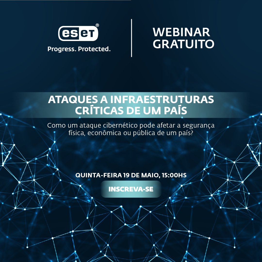 ESET_Brasil's tweet photo. 👀 WEBINAR GRATUITO!

❗ Ataques a infraestruturas críticas de um país

🗓️ Anote na agenda! Será no dia 19/05 às 15h. 
Acesse o link e saiba mais sobre esse evento https://t.co/56EqwQXZbY

#Webinar #segurançadainformação #cibersegurança https://t.co/g53azYr4gU