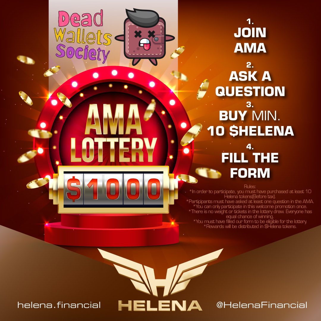 HelenaFinancial's tweet image. Dead Wallets Society Welcome Lottery 🤩

Chance to win $1000 in Helena! 
Read Ann. 👉 bit.ly/3ld7Nuv

It's a lottery draw that you all have an equal chance to win and you shouldn't miss it! 🚀 

Details 👇 

#BSCGems #ContestAlert #HelenaFinancial #altcoins #Giveaway