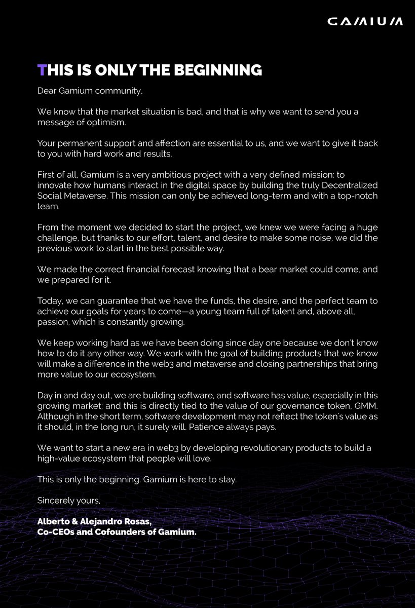 XiTradingAI's tweet photo. Dear Gamium community 💜

In these difficult times, our CEOs, Alberto Rosas (@albertorosasg) &amp; Alejandro Rosas (@_arosasg), want to share a special letter with you all.

Please find it attached in this tweet &amp; in the following Medium:

https://t.co/LatzfjRlIj

#Metaverse $GMM https://t.co/rIBuUIgy8d