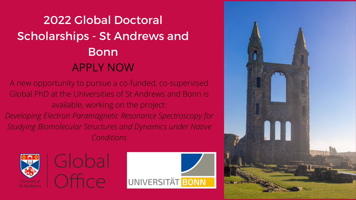GlobalOfficeStA's tweet photo. 📢Applications are invited for a co-funded (tuition and maintenance) Global Doctoral project in Chemistry working at @univofstandrews and @UniBonn 🇩🇪🏴
⏰Deadline - 15 June
https://t.co/9ymBeovjYf
#GlobalPhDs #GlobalStAndrews
@StAndrewsChem @StLeonards_PGs @StAfunding https://t.co/uFfS07MgOV