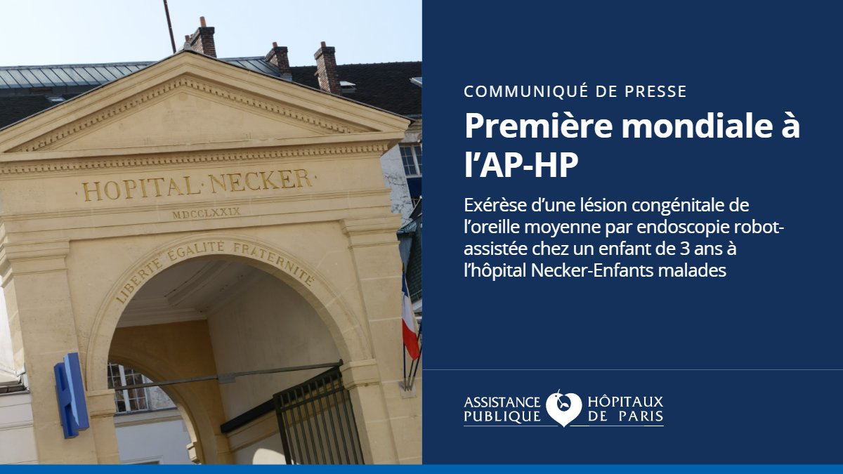 APHP's tweet photo. Première mondiale à l’@APHP : exérèse d’une lésion congénitale de l’oreille moyenne par endoscopie robot-assistée chez un enfant de 3 ans à l'@hopital_necker.

Plus d'infos : https://t.co/uxL647Wkyc https://t.co/fn3sbEVWyk