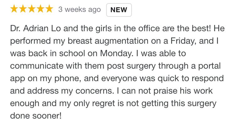 DrAdrianLo's tweet photo. Happy Monday from #TheScarlessBreastDoctor, featuring another 5/5 🌟 patient testimonial!! 🤩 #GoToLo https://t.co/Nf3aETIB8H