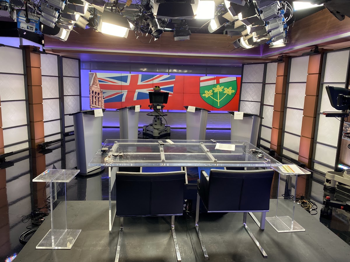 spaikin's tweet photo. Our William G. Davis Studio is going to be a lot busier in six hours. @fordnation vs. @AndreaHorwath vs. @StevenDelDuca vs. @MikeSchreiner happens at 6:30 pm ET. You can watch it on @tvo 'til 8 pm, then join us on @TheAgenda for post-debate analysis. #elxn43 #election #onpoli https://t.co/Mvdt5IPeyJ