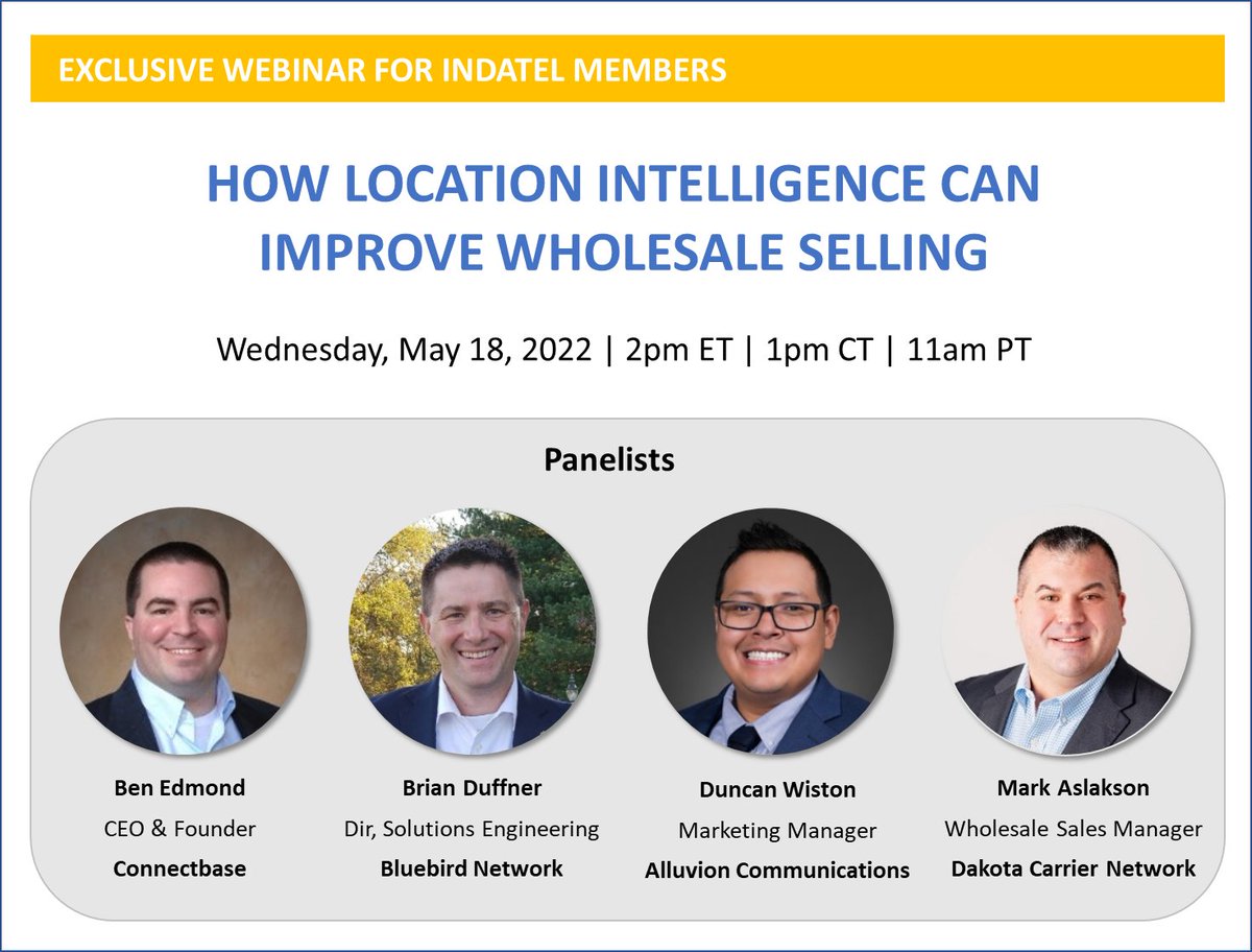 INDATELServices's tweet image. This week we are hosting an exclusive webinar for INDATEL members covering "How Location Intelligence Can Improve Wholesale Selling" - contact us today to learn more about this event and receive your members-only invitation! 

#befound #Connectbase #indatel #reachtheunreachable