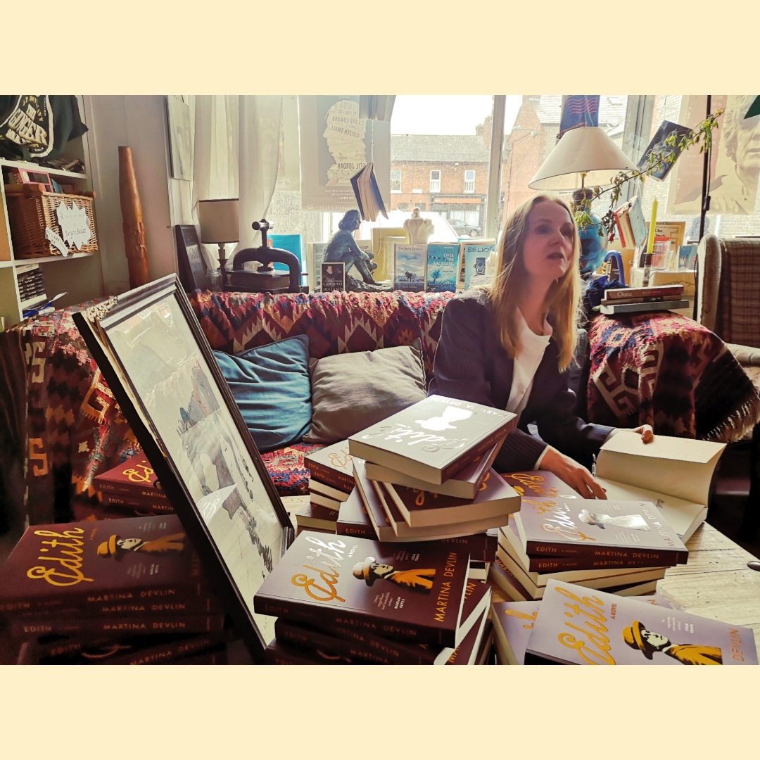 LilliputPress's tweet photo. ✨SIGNED COPIES✨
@DevlinMartina is visiting bookshops to sign copies of her new novel Edith. Here she is signing books in our office, alongside original artwork by Somerville. Followed by a quick venture with Antony to Lilliput's rooftop which overlooks Stoneybatter! https://t.co/pAJgTFZGhU