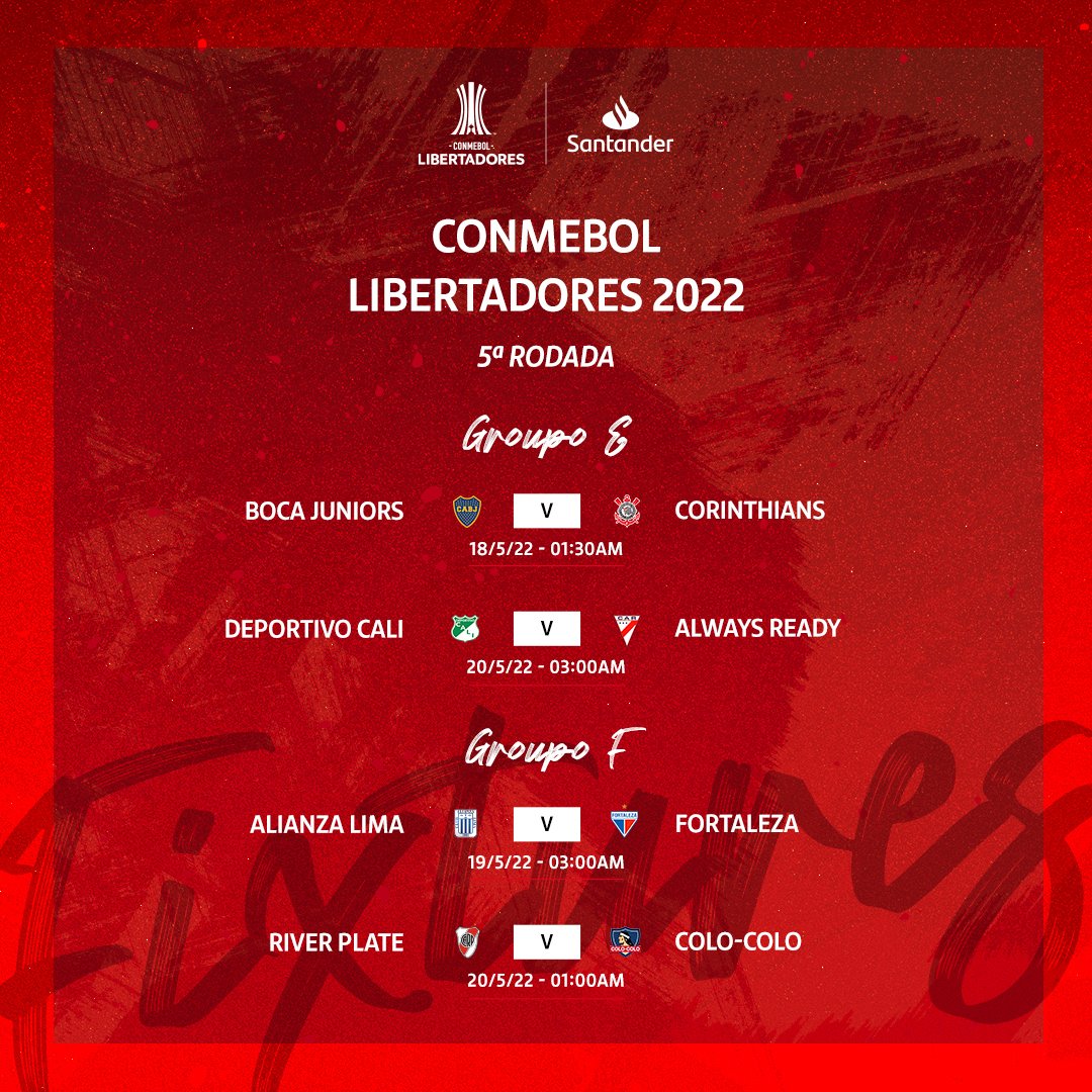 FTBLSantander's tweet photo. Chegamos à 5ª rodada🙌  

Quais jogos você vai assistir? 👀 🔥

#Libertadores2022 https://t.co/8PvP58fkaY