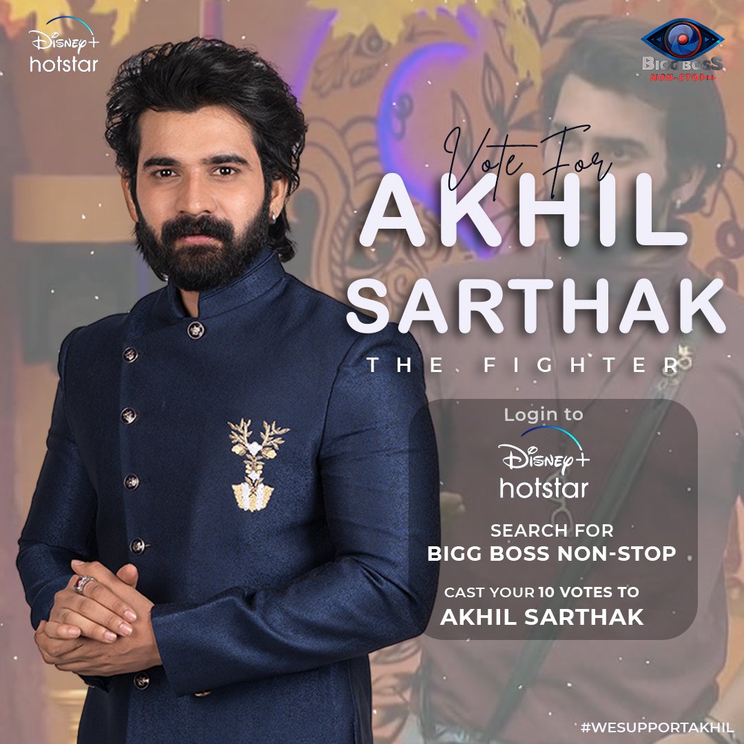 akhilsarthak17's tweet photo. Finale Voting lines are open now,
Let's show our love and support by voting him.
To vote for Akhil 👇
👉 Login to your Disney+Hotstar account.
👉 Search for Bigg Boss Non Stop.
👉Cast your 10 votes to Akhil ❤️
#akhilsarthak
#biggbossnonstop 
Roaring Winner AkhilSarthak https://t.co/RY8wsl9DJO
