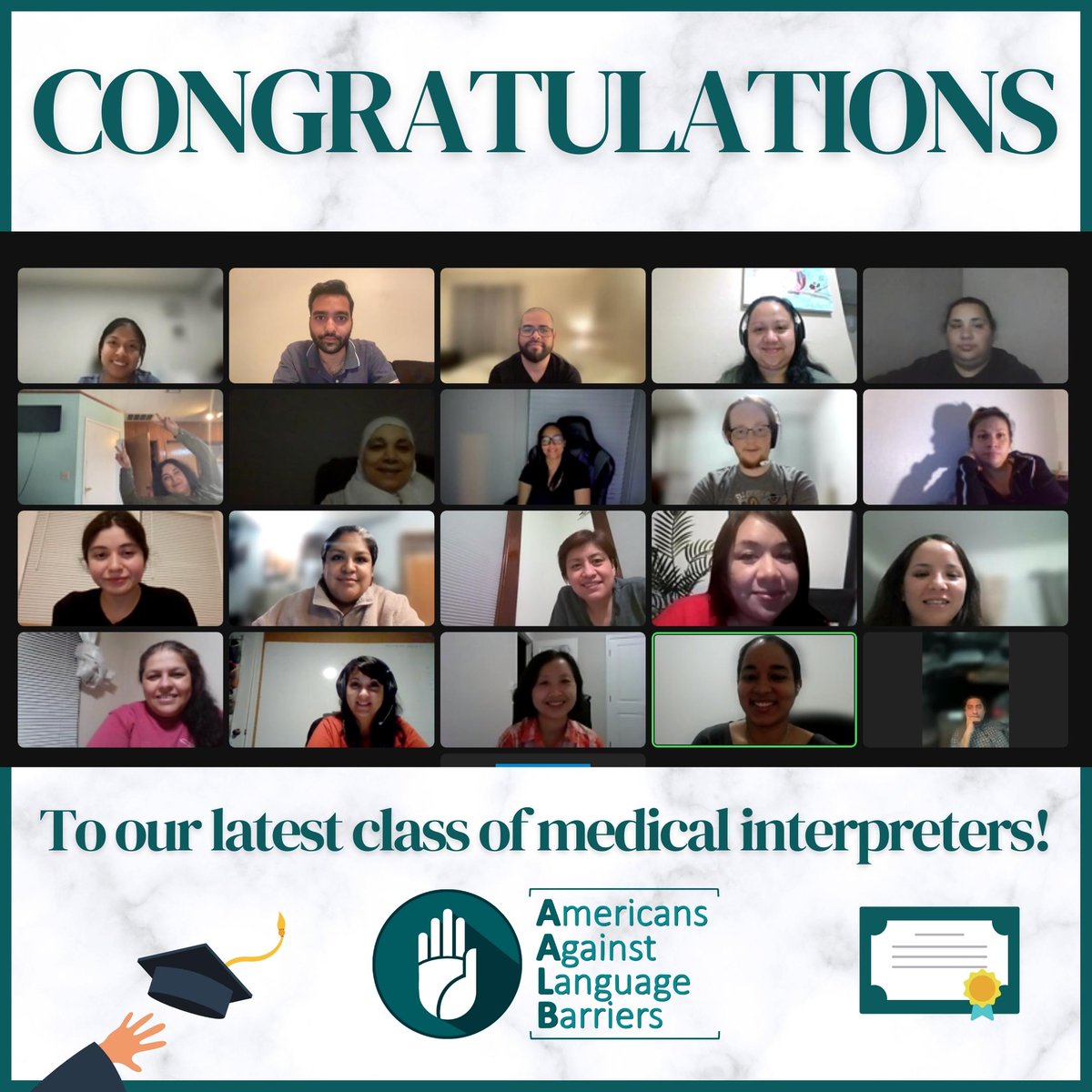 Congratulations to our class of May 2022! Pictured below is one of four classes that are graduating in May. If you wish to become a medical interpreter, please register for our certificate program by going to our website: AALB.org/apply